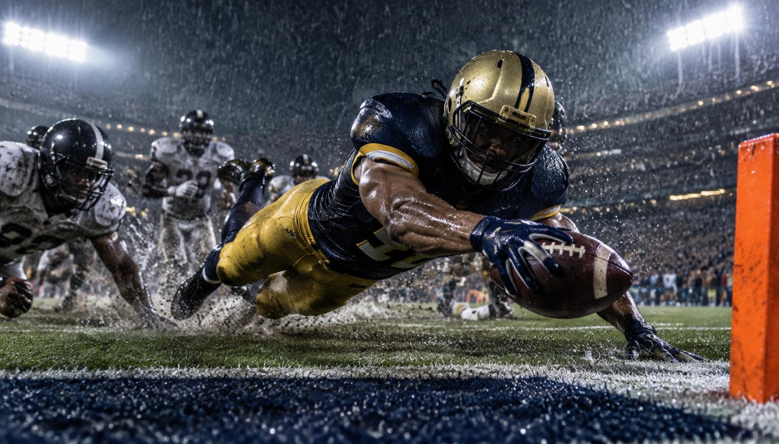 Player diving into the end zone under stadium lights
